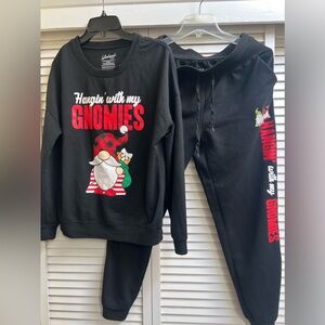 Hanging with my Gnomies  Black Sweatshirt Jogger pants Pajama Holiday Christmas